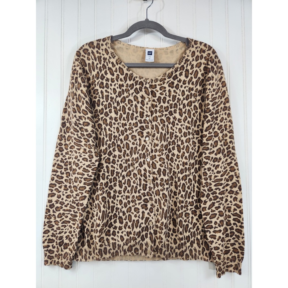 Gap Leopard Print Cardigan Sweater Womens XL Brown Tan Animal Print Button Front